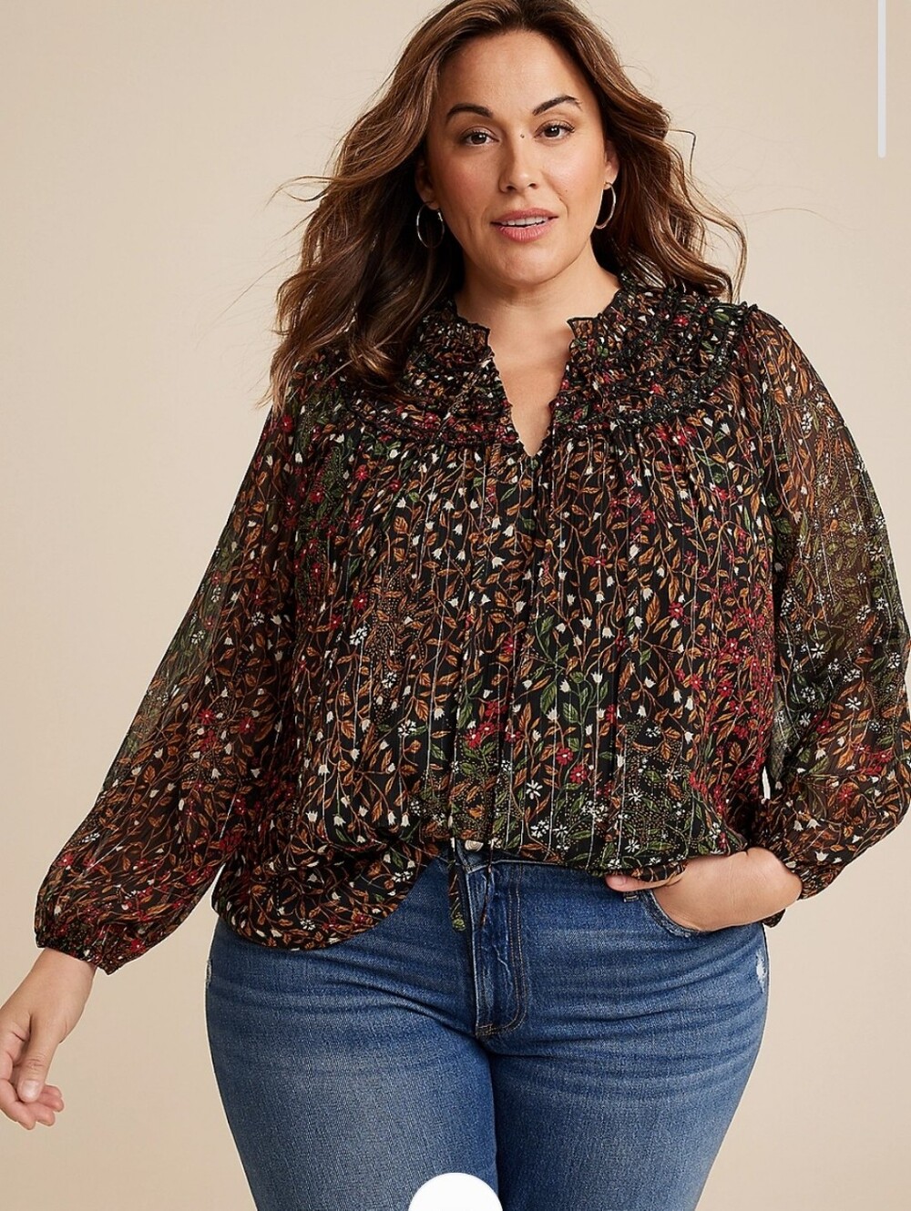 NWOT Maurices Floral Ruffle Peasant Blouse